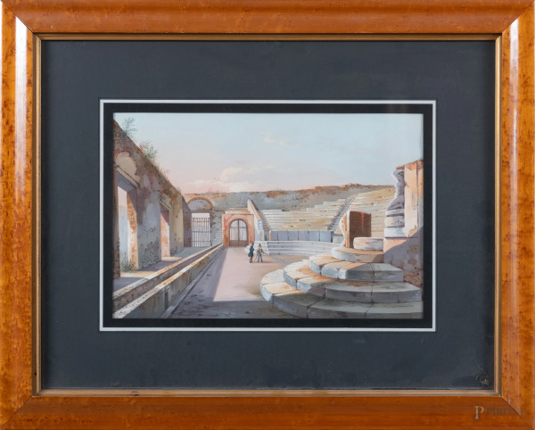 Veduta di Pompei, XIX-XX secolo, gouache su carta, cm 44x58 compreso passepartout, entro cornice, (lievi ondulazioni della carta)