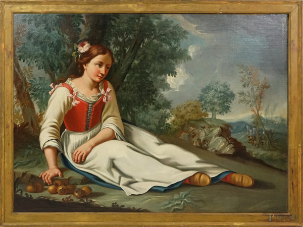 Scuola lombarda del XVIII-XIX secolo, Figura femminile con dei loti entro un paesaggio, olio su tela, cm 106x145, entro cornice.