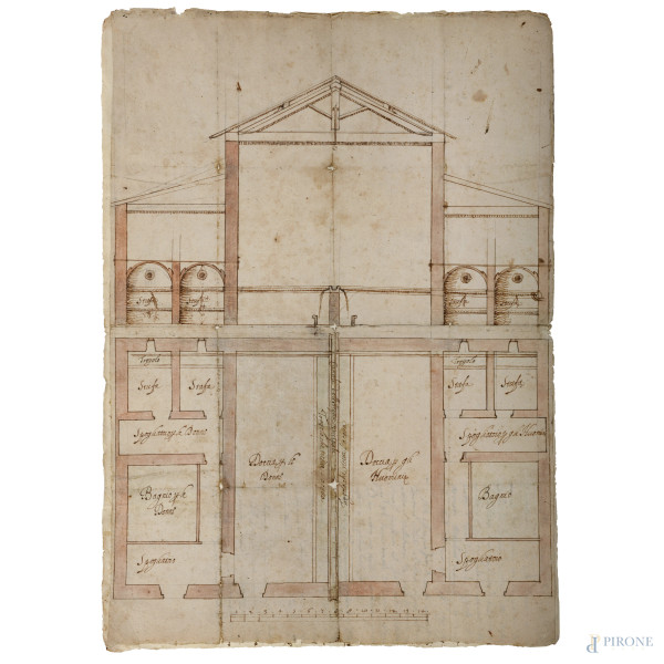 Prospetto architettonico di un complesso termale, XIX secolo, tecnica mista su carta applicata su carta, cm 40x29, (segni di usura del tempo, segni di piegatura, piccole lacerazioni, tracce di umidità, foxing)