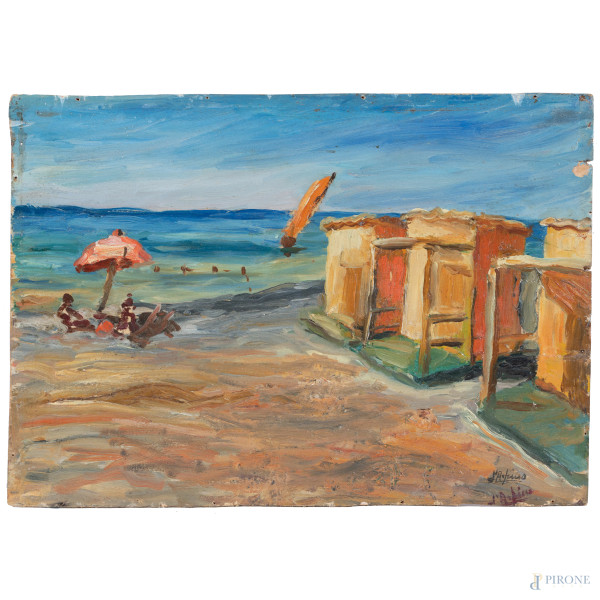 Marina, Ostia Lido, XX secolo, olio su compensato, cm 28x39, firmato in basso a destra, (supporto imbarcato, fessurazioni, cadute)