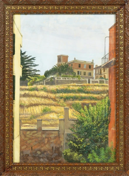 Scorcio di villa, tecnica mista su carta, firmato, cm 44x30, entro cornice