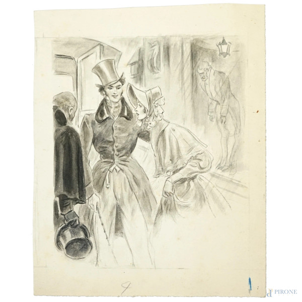 Luigi  Bompard - Scena nel foyer, carboncino su carta, cm 20,5x16,5.