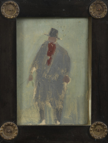 Uomo con cappello, tecnica mista su tavoletta, cm 15x10, entro cornice, (segni di usura)