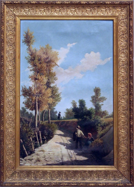 Paesaggio con strada e figure, olio su tela, cm. 74x48, entro cornice, (difetti sulla tela)