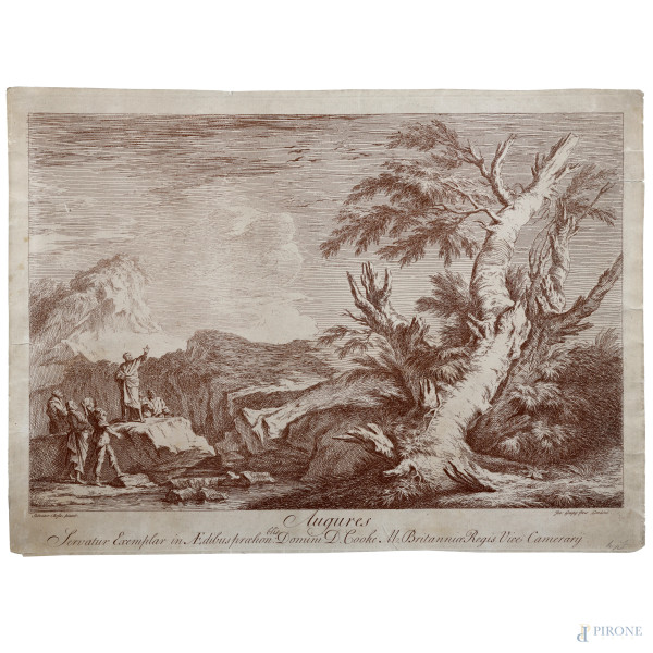 Gli auguri, incisione su carta da Salvator Rosa, XVIII-XIX secolo, cm 32x44,  (segni di usura, tracce di umidità, gore, foxing, lacerazioni della carta, tracce di piegatura)