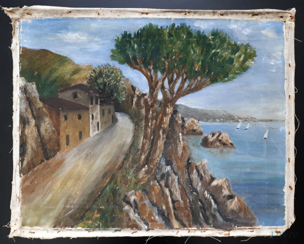 Artista del XX sec. Paesaggio lacustre con stradina e case, olio su tela, cm 40x50, fine anni ‘40 