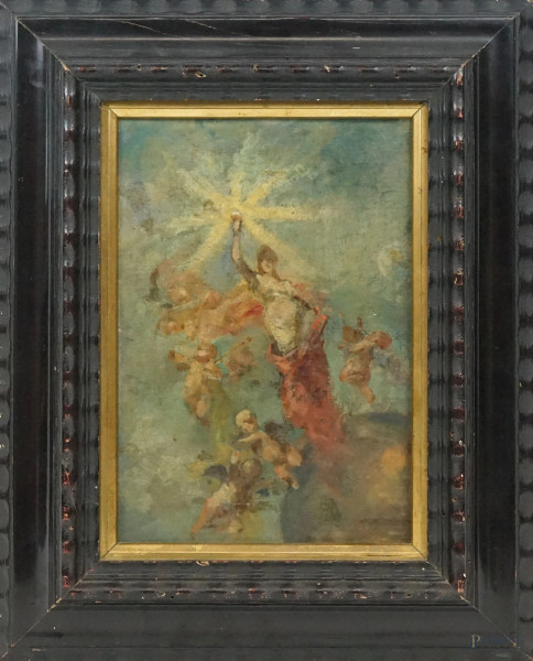 Pittore della fine del XIX secolo, Venere stella del Mattino, olio su cartone telato , cm 28,5x20, entro cornice.