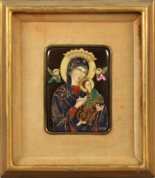 Madonna con Bambino, placca in porcellana dipinta cm 12x19, entro cornice.