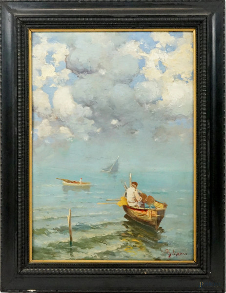 Pescatore, olio su compensato, cm 49x35, firmato, entro cornice