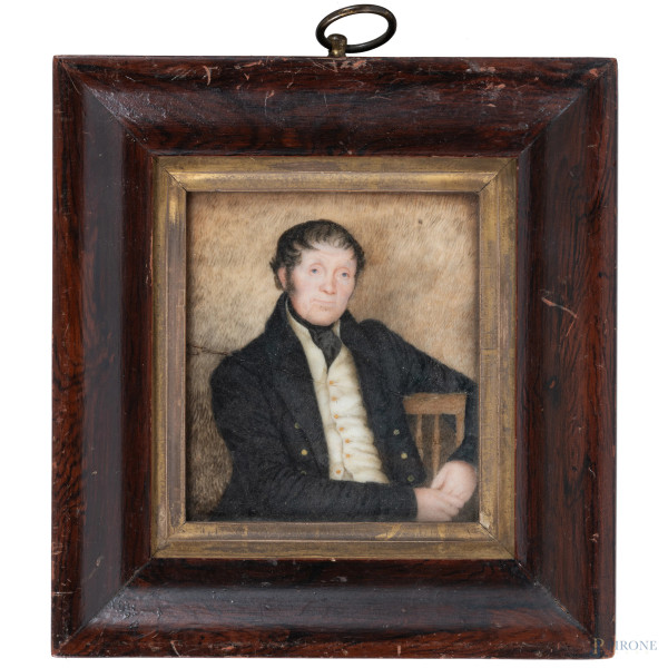 Miniatura su marmo raffigurante gentiluomo, XIX secolo, cm 12x11, entro cornice (rottura del supporto, scalfiture)