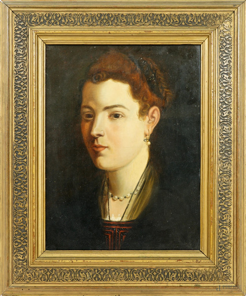 Ritratto di donna con orecchino e collana di perle, olio su carta, cm 43x30, XX secolo, entro cornice