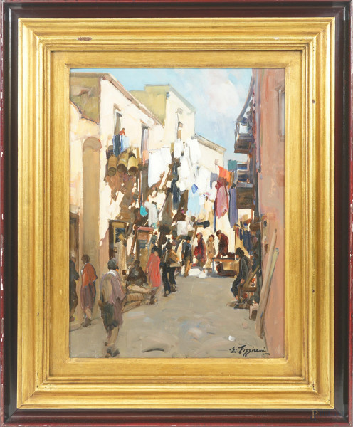 Edoardo Pizzirani (Genova 1915 - Pozzuoli, 2011), Pozzuoli. Case dei pescatori, olio su compensato, firmato in basso a destra, sul retro firmato, titolato e datato 1975, cm 39,5x29,5, entro cornice