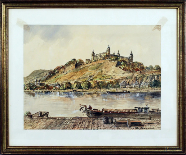 Paesaggio fluviale con castello, acquarello su carta, cm. 29x38 cm, firmato, entro cornice.