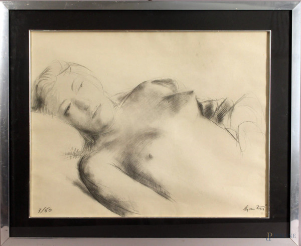 Nudo di donna, litografia 7/60, cm. 44x57, entro cornice.