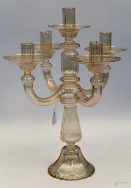 Candeliere a cinque luci in vetro soffiato, primi 900, h. cm 34.