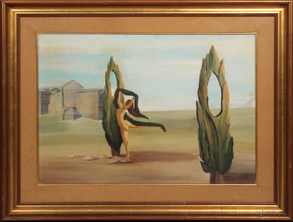 Clemente Bei, Paesaggio con figura, olio su tela, cm 50x70, entro cornice.