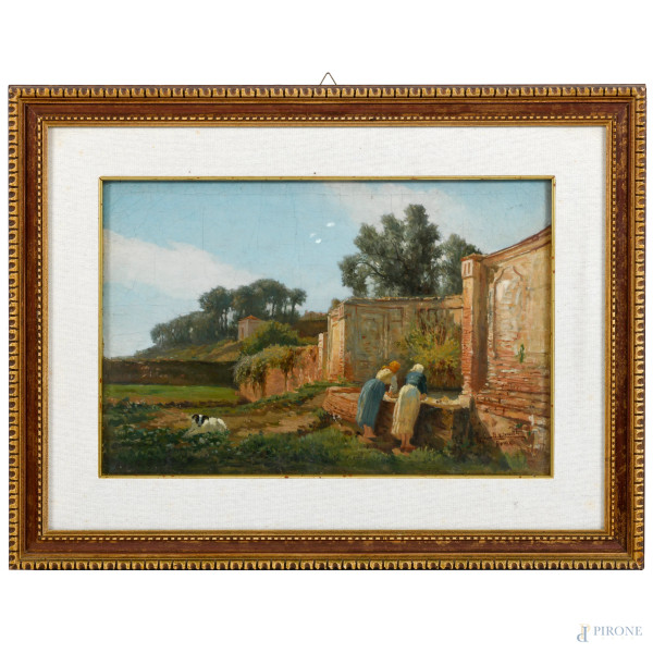 Lavandaie alla fonte, XIX-XX secolo secolo, olio su tela applicata su tavoletta, cm 30x45, firmato e  [..]