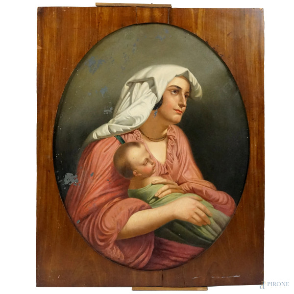 Pittore del XIX secolo, Maternità, olio su rame ad assetto ovale, cm 87x71, (difetti)