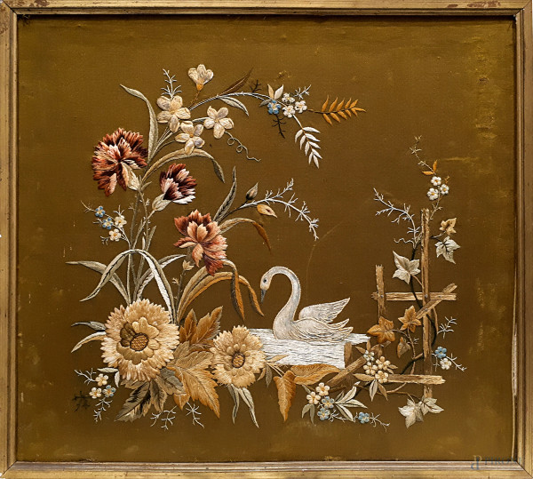Movimento Arts and Crafts, Composizione tardo ottocentesca realizzata a ricamo  su tessuto applicato su faesite, cm 47x52, con cornice