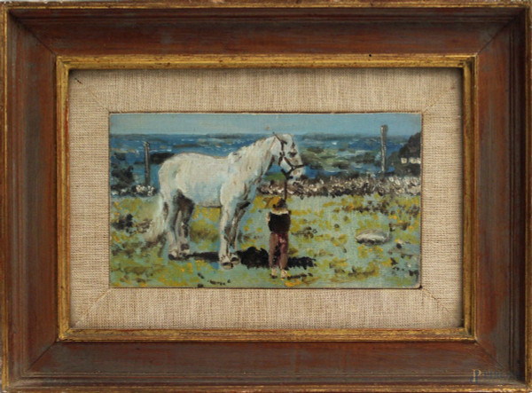 Paesaggio con cavallo, olio su tavola, cm, 20x11 del XX&#176; sec, entro cornice