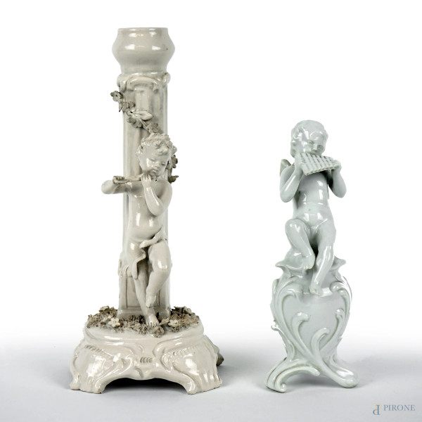 Lotto  composto da una scultura ed un candeliere in porcellana raffiguranti cherubini che suonano, alt. max cm 23, marcati Ginori alla base, (segni del tempo).