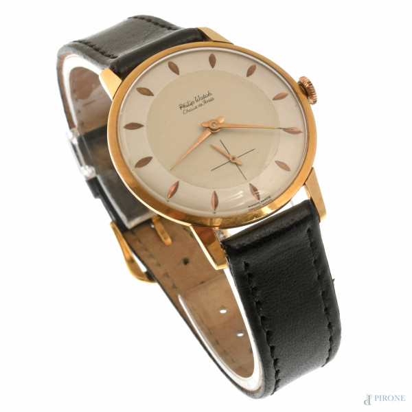 Philip Watch Chaux de Fonds, in oro 750 con cinturino in pelle nera, misura cassa cm 3,5, lunghez...