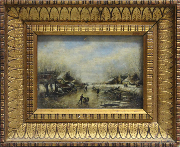 Paesaggio invernale con figure, olio su tela riportato su cartone, 17x23 cm, entro cornice