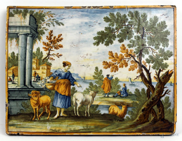 Attr. a Francesco Saverio Grue (Castelli,1731 - Napoli, 1800), mattonella in maiolica dipinta in policromia raffigurante  paesaggio con figure e caprette, cm 20x26x2, (difetti)