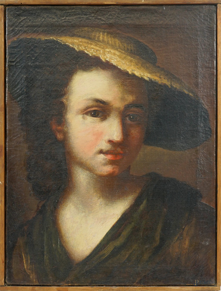 Ritratto di giovane donna con cappello, olio su tela,  XVIII secolo, cm 38x28,2