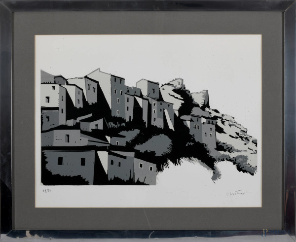 Enotrio Pugliese  (Buenos Aires 1920 – Pizzo 1989),Scorcio di paese, litografia, cm 50x75 compreso passepartout, firmato in basso a destra, esemplare 39/60