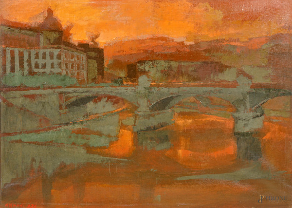 Ugo Attardi - Lungotevere, olio su tela, firmato e datato in basso a sinistra Attardi [1]973, cm 50,5x70