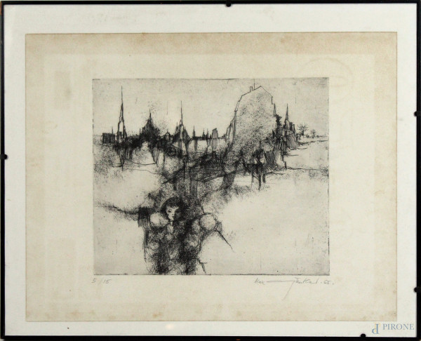 Veduta urbana con figura, incisione, cm 38x48, firmata, entro cornice