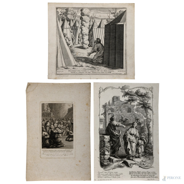 Lotto di tre incisioni raffiguranti scene bibliche, XVIII-XIX secolo, misure massime cm 38,5x27,5, (segni di usura, tracce di umidità, gore, foxing, lacerazioni della carta, tracce di piegatura)