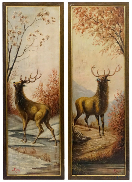 Cervi, coppia di dipinti ad olio su tavola, cm 74,5x23, firmati A. Ferri, entro cornici