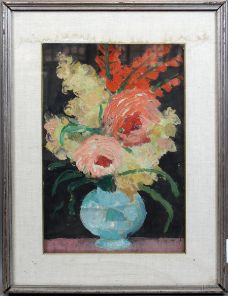 Vaso di fiori, olio su cartone, cm. 50x35, entro cornice, (difetti).