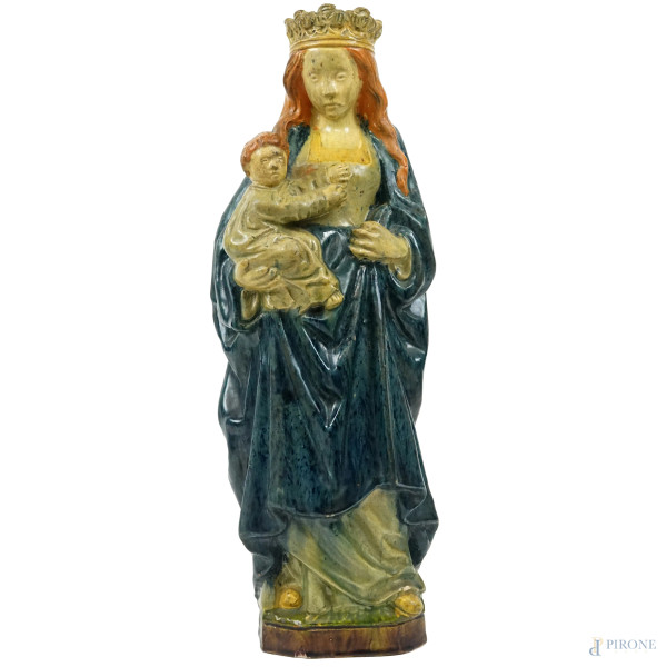 Madonna col Bambino, scultura in ceramica policroma, cm h 40,2, (difetti)