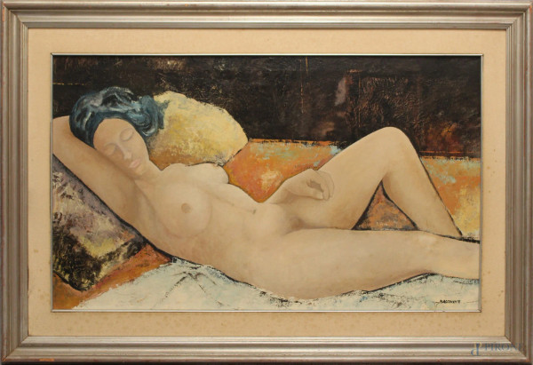 Nudo di donna, olio su tela, cm. 60x100, firmato Flaccavento.
