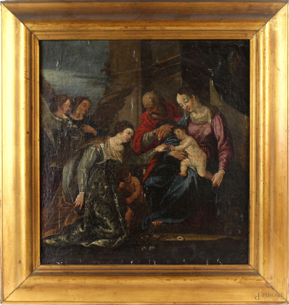 Pittore del XVII secolo, Sposalizio mistico di Santa Caterina, olio su tela applicata su tavola, cm 39x35, entro cornice, (piccole cadute di colore sparse)