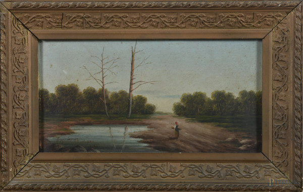 Contadina accanto allo stagno, XX secolo, olio su carta applicata su cartone, cm 13,5x26, firmato in basso a sinistra, entro cornice, (segni di usura, foxing, difetti)