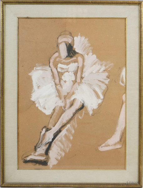Ballerina, olio su cartone, cm 67x48, XX secolo, entro cornice