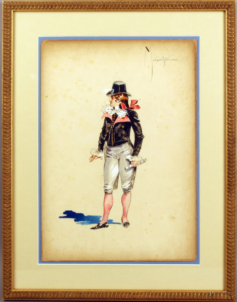 Bozzetto di costume per l&#39;opera Andrea Chenier, tecnica mista su carta, cm. 34x24, 1896 Teatro Regio Di Torino, entro un&#39;unica cornice.