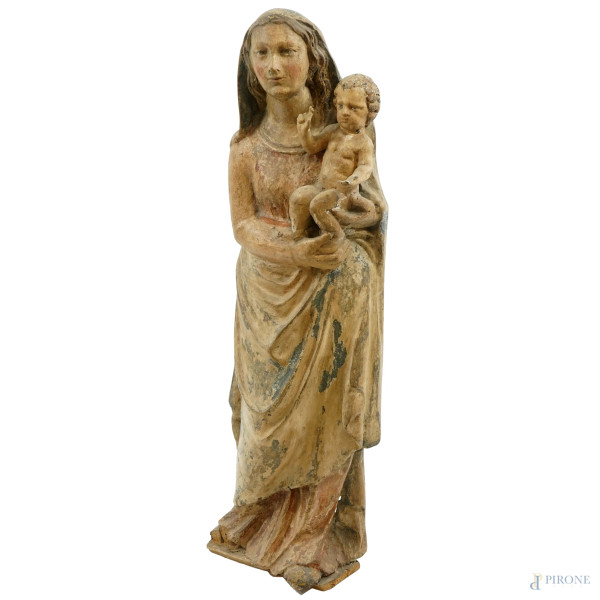 Madonna col Bambino, scultura lignea con tracce di policromia, XVII-XVIII secolo, cm h 91
