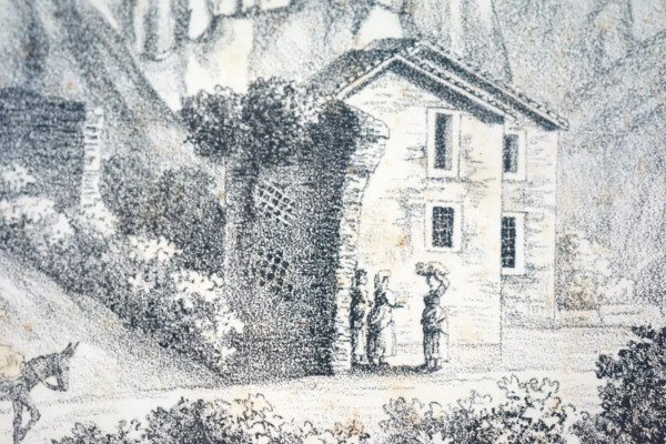 Veduta dell'antico ponte sopra l'Aniene, Gaspare Vinci, stampa litografica, XIX secolo, cm 48,5x6...