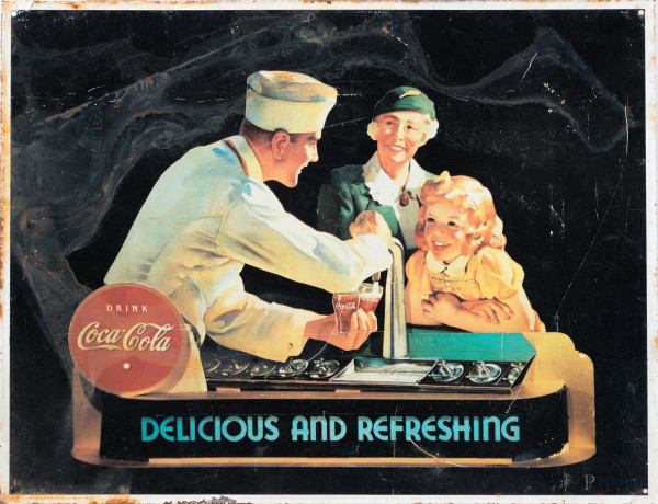 Insegna pubblicitaria Coca Cola in metallo, XX secolo, cm 31,5x41,5, (segni di usura)