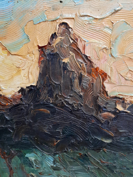 Pittore espressionista del Novecento, Paesaggio montuoso, olio su cartone telato, cm 30x40, firma...