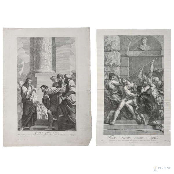 Lotto di due incisioni da dipinti di Tiziano Vecellio e Ludovico Carracci raffiguranti scene cristologiche, XIX secolo, misure massime cm 58x43, (segni di usura, gore, foxing, lacerazioni della carta, tracce di piegatura)