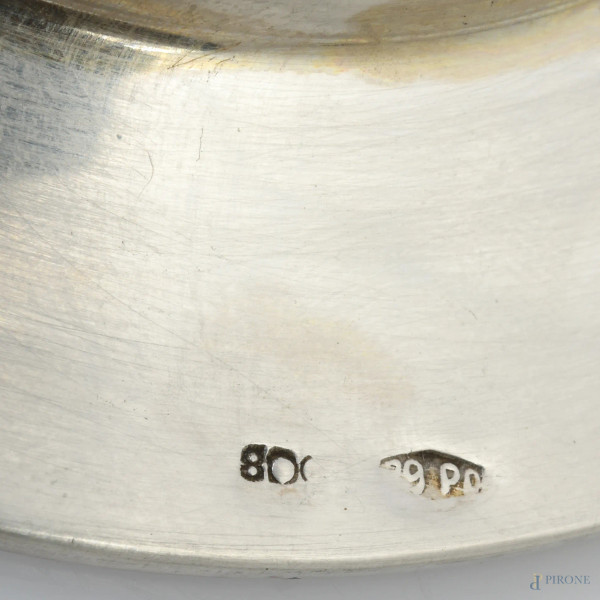 Servito da tavola in argento 800/000 e vetro, XX secolo, altezza massima 18,5, peso argento gr 64...