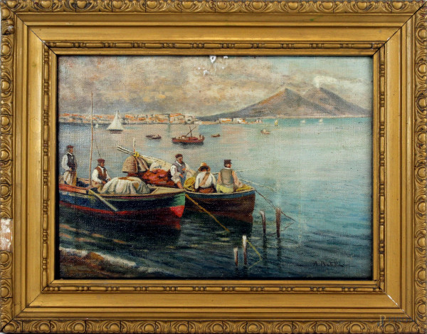 Golfo di Napoli con pescatore, olio su tela, cm 25x35,firmato, entro cornice.