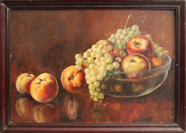 Natura morta, Frutta, olio su cartone, inizi XX sec., cm 34 x 48.