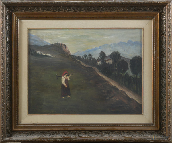 Contadina, XX secolo, olio su tavola, cm 36,5x48,5, entro cornice
